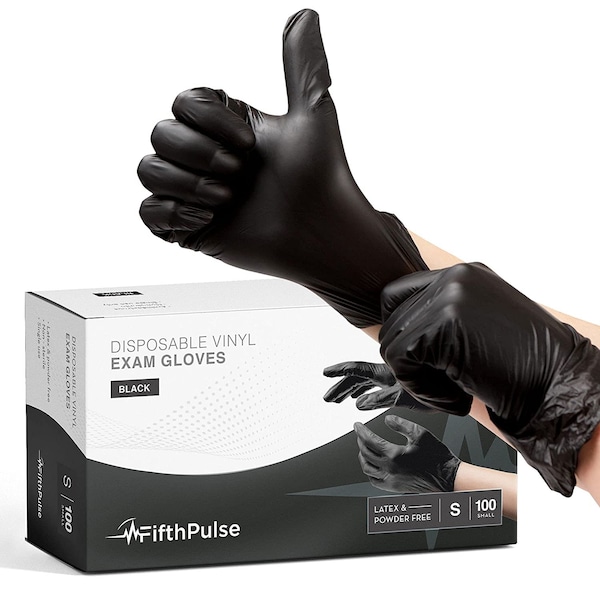 Fifthpulse FMN1000, Disposable Gloves, 3 mil Palm, Vinyl, Powder-Free, S, 100 PK, Black FP-V-100-S-BLK - main